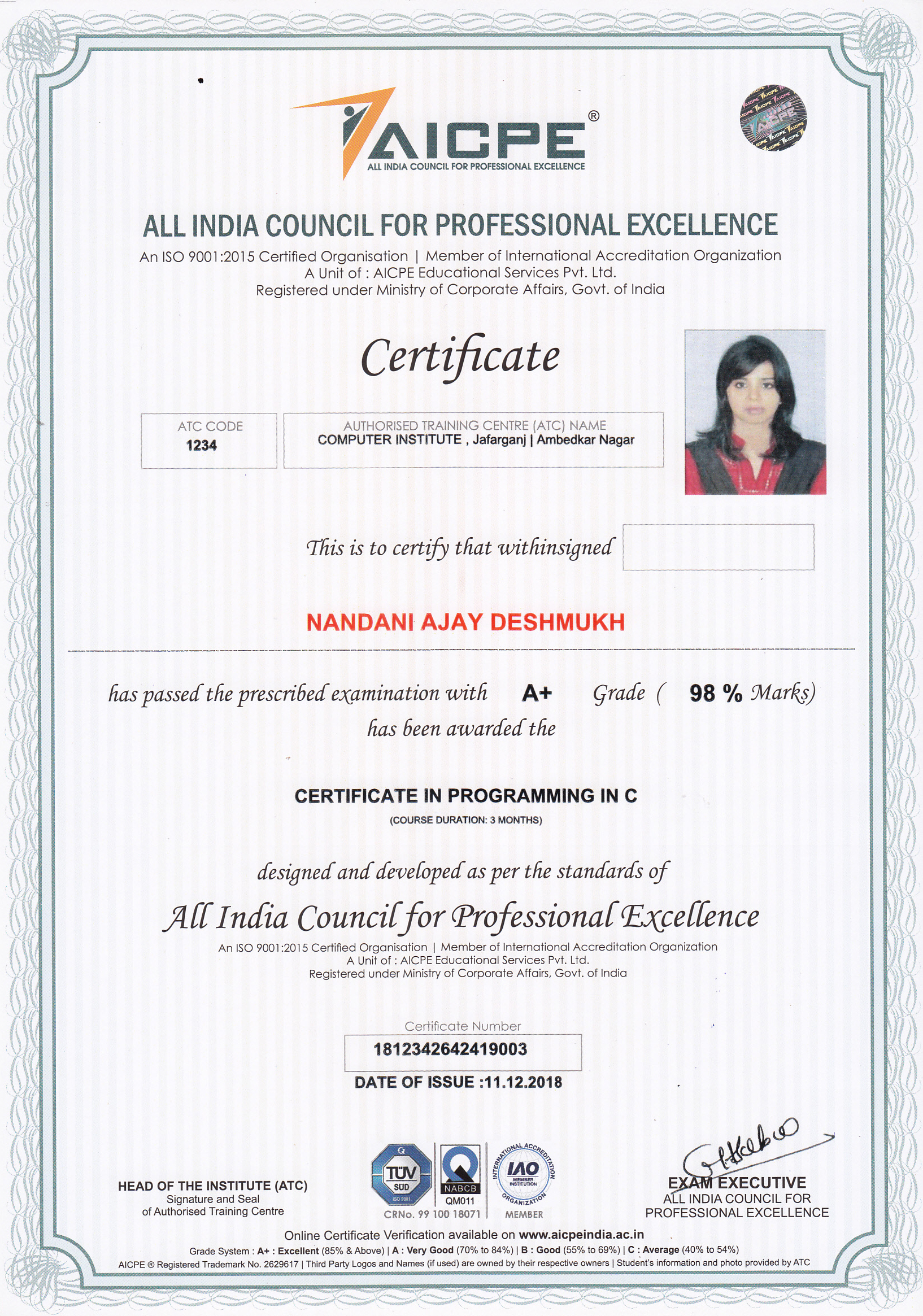 Puter Training Institute Certificate Sample Balep