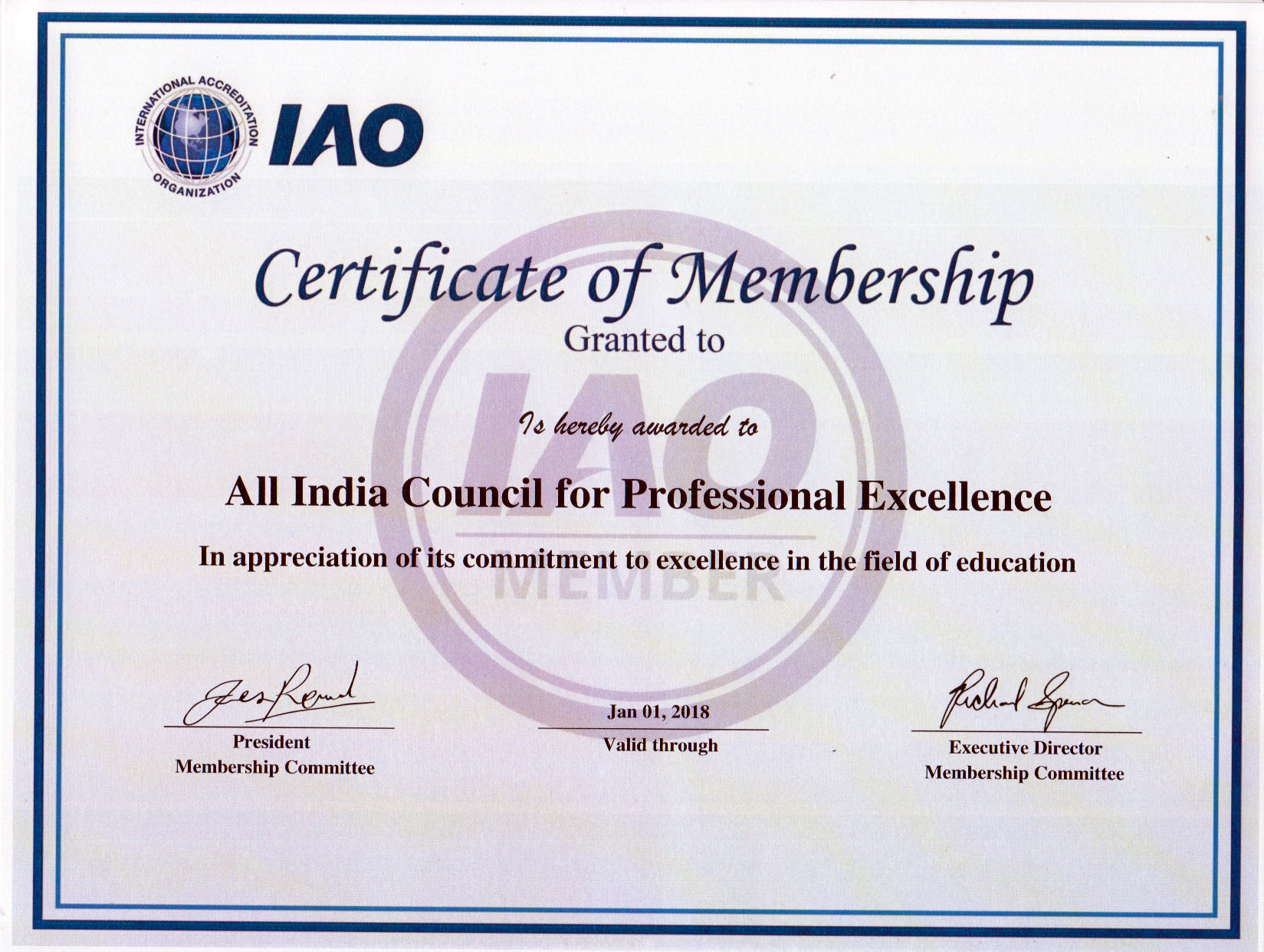 IAO (International Accreditation Organization) Certificate