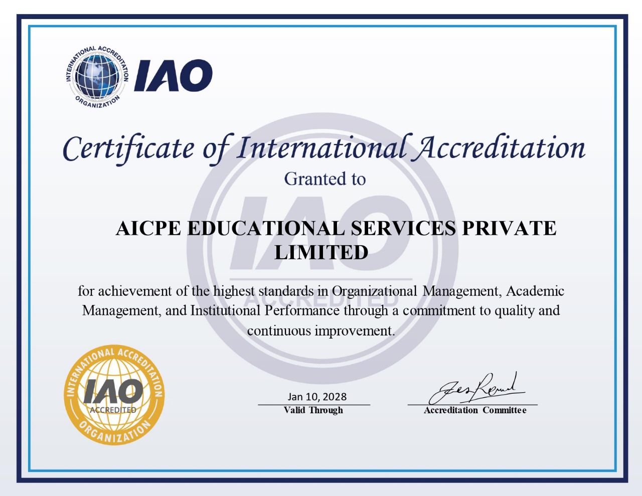 IAO (International Accreditation Organization) Certificate